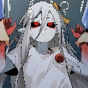 Ghost girl with pale skin and glowing red eyes looking confused with her hands raised.