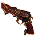 A detailed 3D revolver with a deep red finish and ornate gold filigree.