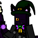 A blocky cat character wearing a witch hat and winking while holding a glowing purple magical orb.