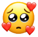 Yellow smiley face with large glossy pleading eyes surrounded by three red hearts.