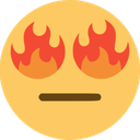 Yellow face with a flat, neutral mouth and bright orange and red flames for eyes.