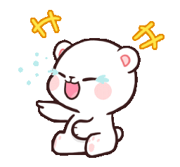 A cute white bear laughing with tears of joy and yellow sparkles around its head.