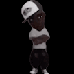 A stylized character wearing a cap and t-shirt performing a rhythmic dance sequence.