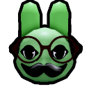 Green rabbit wearing round glasses and a black mustache with a smug expression.