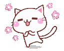 White cat dancing happily with pink blossoms floating around it.