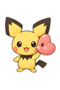 Pichu smiling happily while holding a small pink heart-shaped balloon.