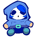 A small blue hooded character with a blank expression looking unimpressed.