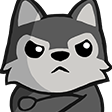 A gray cartoon wolf with an angry expression and crossed arms.