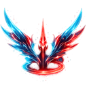 Glowing emblem with red and blue wings and a central radiant core.