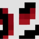 A sharp, pixelated red and black graphic symbol resembling a stylized devilish shape.
