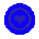 A blue pixelated coin with a heart symbol spinning in a loop.