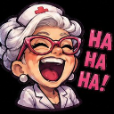 An elderly nurse with glasses laughing heartily with the text HA HA HA next to her.
