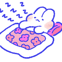 A white pixel art bunny lying in bed under a pink floral blanket with zzz symbols floating above its head.