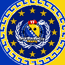 Bosnian countryball wearing a red YouTube hat centered inside a blue and gold circular emblem with stars.