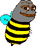 A cartoon frog with a smug expression attached to a yellow and black striped bee body.