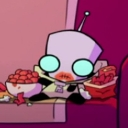 Gir from Invader Zim sitting with a bowl of snacks looking bored and unimpressed.