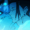 Anime character with a serious, unimpressed expression illuminated by glowing blue light.