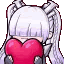 Anime girl with long white hair holding a large red heart.