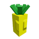 Pineapple rendered in a blocky 3D style with yellow body and green leaves on a black background.
