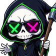 Grim Reaper wearing neon green and pink X-lens sunglasses holding a scythe.