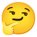 Yellow smiley face with a raised eyebrow and a hand resting on its chin in a thinking pose.