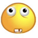 A yellow smiley face with huge wide eyes and two prominent buck teeth looking panicked.