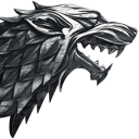 Direwolf head in profile facing right, rendered in a metallic silver and black sigil style.