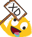 A yellow blob character laughing with its tongue out while holding a wooden sign that says XD.
