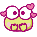 Keroppi the frog looking happy with pink hearts floating around his head.