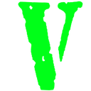 Vlone logo in neon green on a black background.