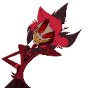 Alastor from Hazbin Hotel leaning over a ledge with a smug, sharp-toothed grin.