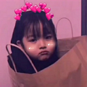 A young child with a pouty face wearing a digital pink heart crown filter while sitting inside a brown paper bag.