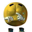 Yellow 3D smiley face with hands together in a shy gesture and a single tear on its cheek.