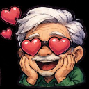 An elderly man with white hair and a mustache wearing heart-shaped glasses and smiling with his hands on his cheeks, surroun…