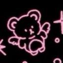 Teddy bear with small wings glowing in pink neon against a black background with stars.