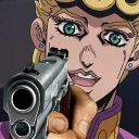 Giorno Giovanna from JoJo's Bizarre Adventure pointing a handgun directly at the viewer.