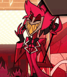 Alastor from Hazbin Hotel wearing a wide, sinister, toothy grin.
