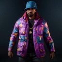 A man wearing a purple puffer jacket and blue bucket hat stands with a confident expression.
