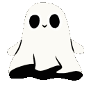 Four small white ghosts with black eyes, some holding orange hearts and blushing, in a cute cartoon style.