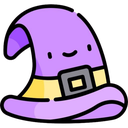Purple wizard hat with a cute smiling face and a yellow belt.