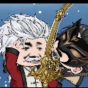 Elderly man with white hair holds a golden sword while wearing a black mask.