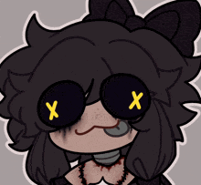 A dark-themed character with black hair, a bow, and button eyes marked with yellow Xs, shown in four different expressions.