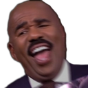 Steve Harvey laughing with his eyes closed and mouth wide open.