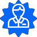 A white line-art icon of a person centered inside a blue starburst shape.