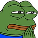 Pepe the Frog with a pensive expression and hands clasped near his mouth looking to the side.