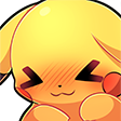 Pikachu with a bright red blush and eyes closed in a shy, happy expression.