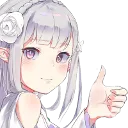 Emilia from Re:Zero giving a thumbs up gesture with a gentle smile.
