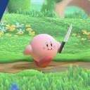 Kirby holding a kitchen knife while standing in a grassy field.