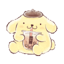 Pompompurin the dog happily drinking bubble tea from a plastic cup.