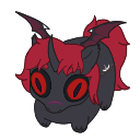 A small dark creature with red hair and glowing red eyes looking mischievous.